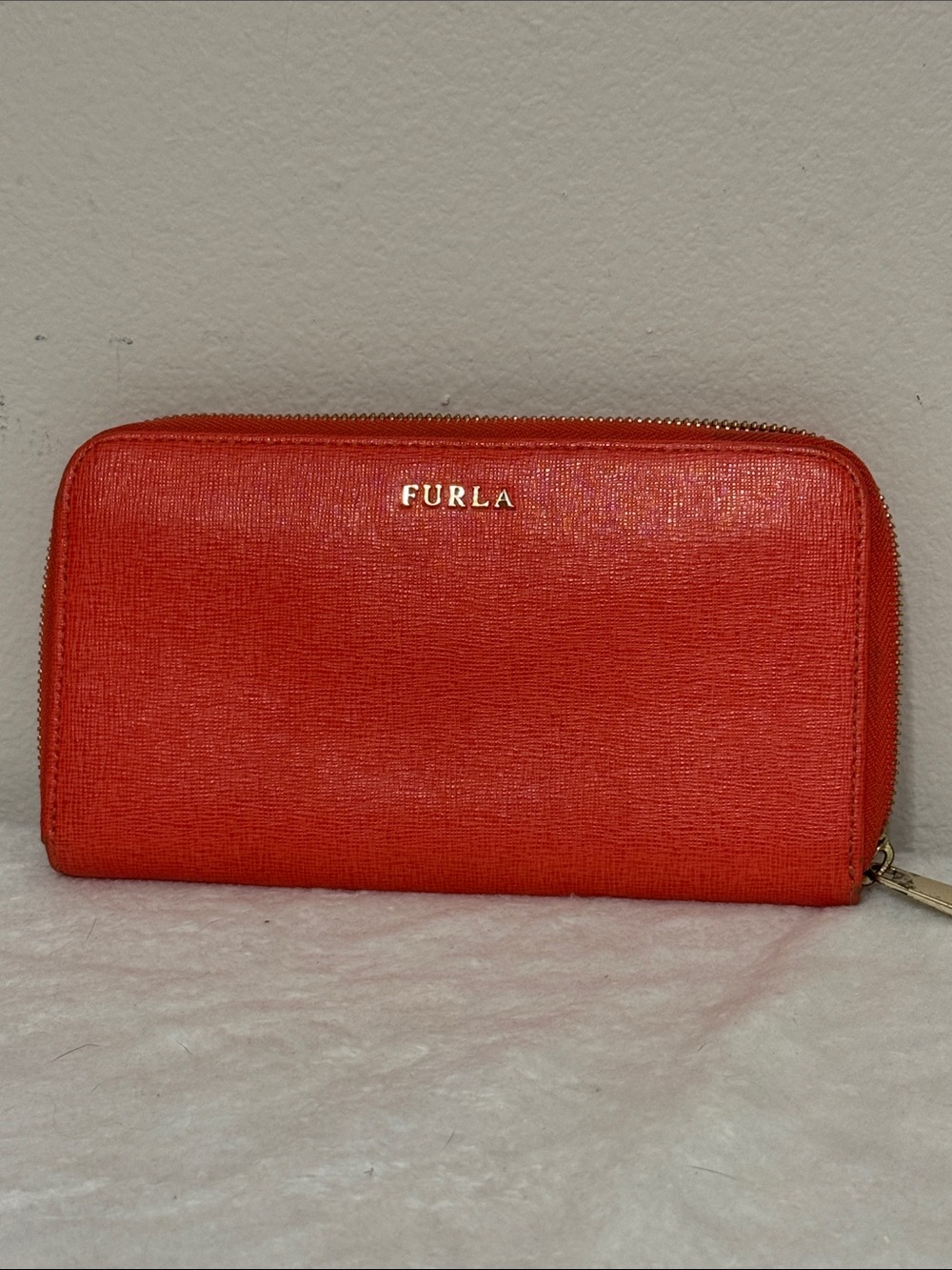 Furla Orange-Red Saffiano Zip Wallet